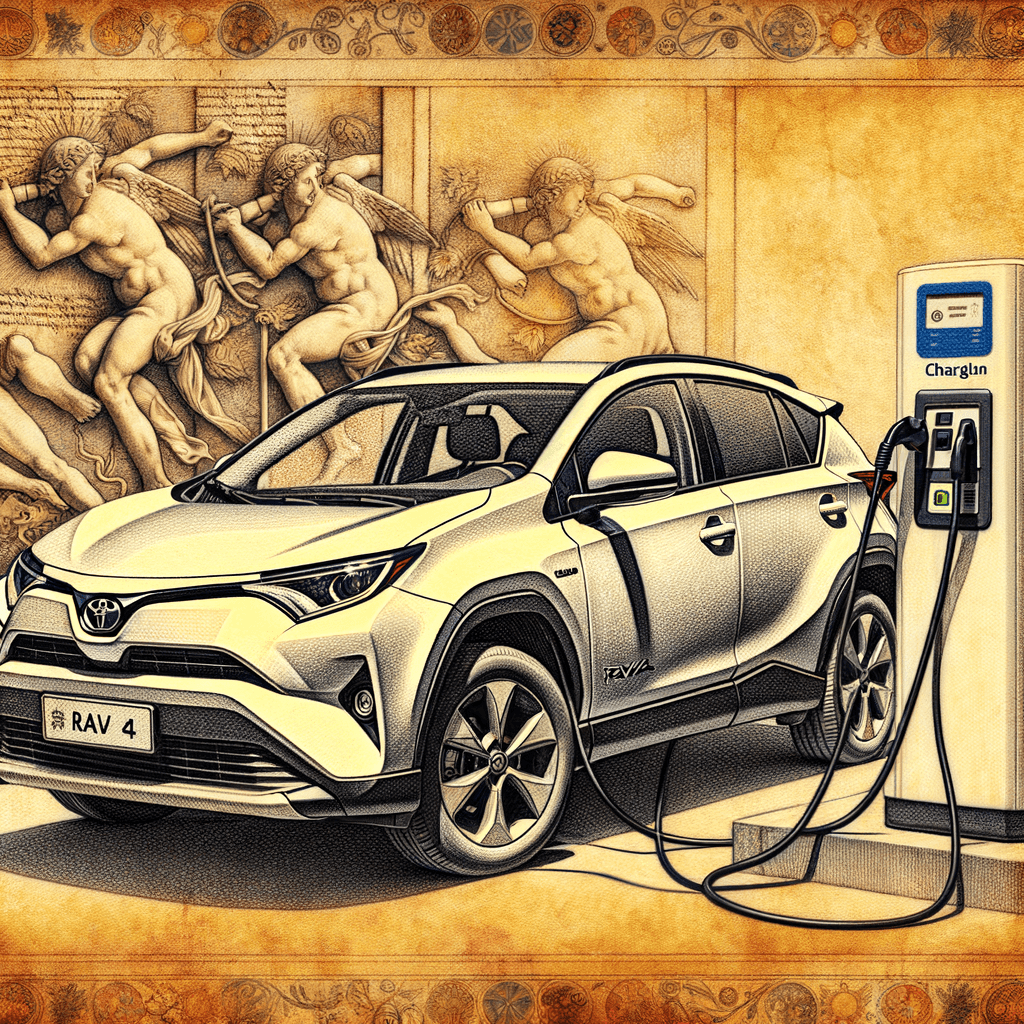 hazme una imagen de un toyota rav4 hibrido enchufable cargando electricidad en un punto de carga